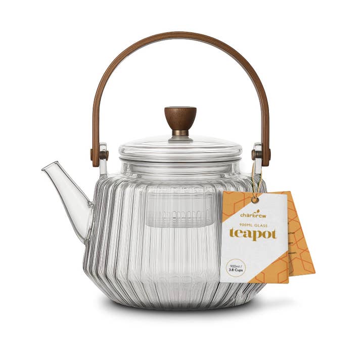 Gestreepte Borosilicaatglazen Theepot Met Houten Handvat 900ml voor wholesale door Charbrew Tea & Coffee