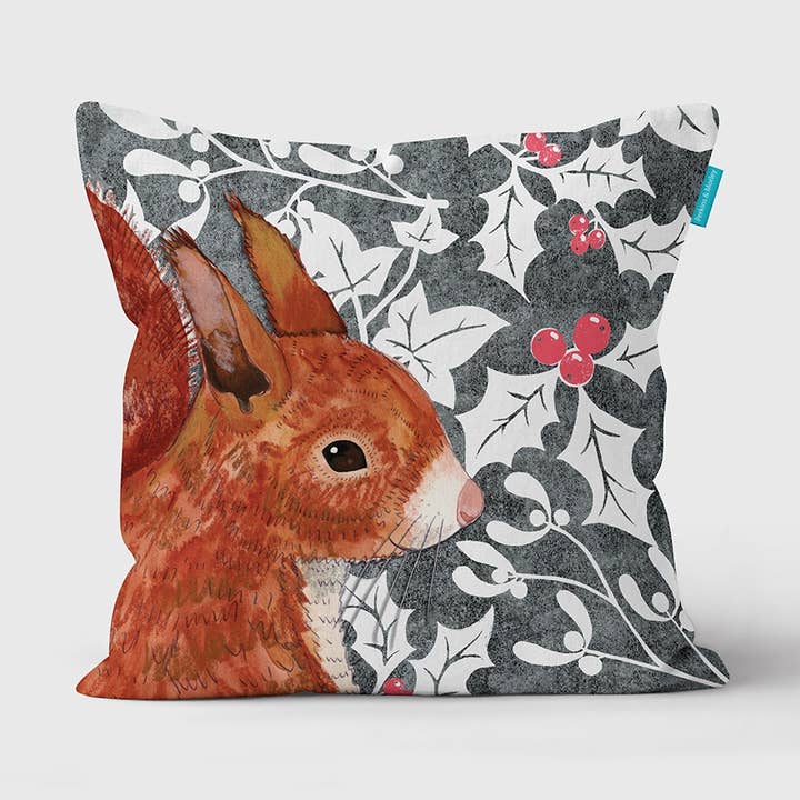 Red Squirrel Winter Cushion for wholesale by Perkins & Morley