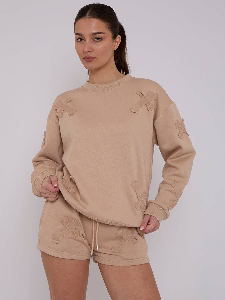 AX Labels - Wholesale Lounge Set - Women's - Crucifix Embroidered Sweatshirt & Shorts Fleece Co-ord26