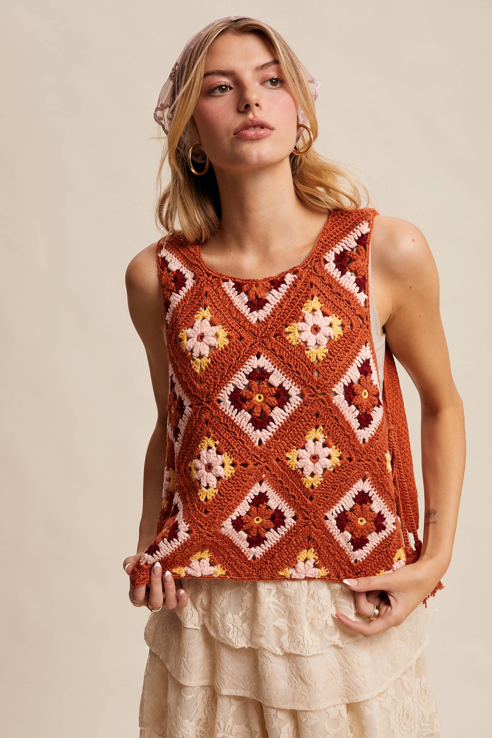 Listicle - Wholesale Sweater Vest - Women's - Crochet Granny Square Tassel Tie Vest LSW100627
