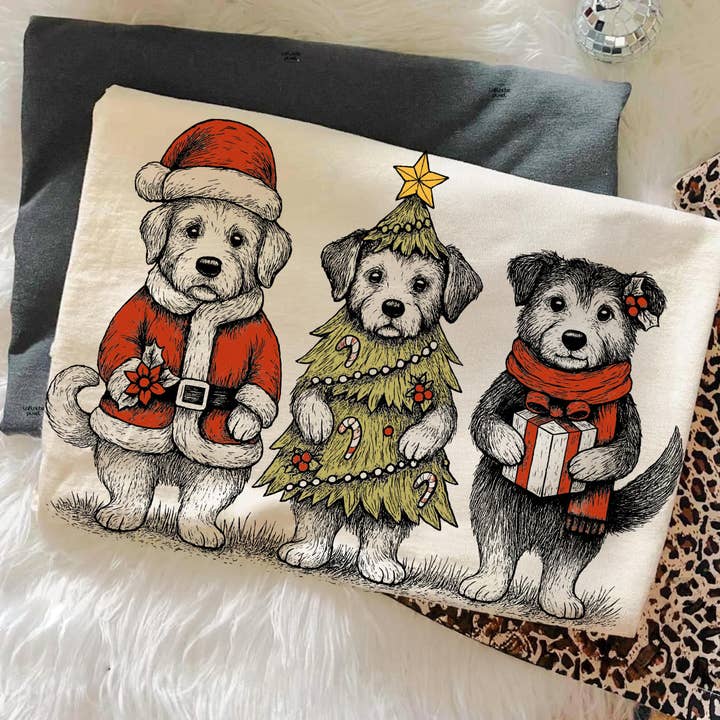 DLT Ecommerce - Wholesale T-shirt (graphic) – women's - Christmas Dogs Tee, Cute Puppies in Santa Outfit Sweatshirt 2