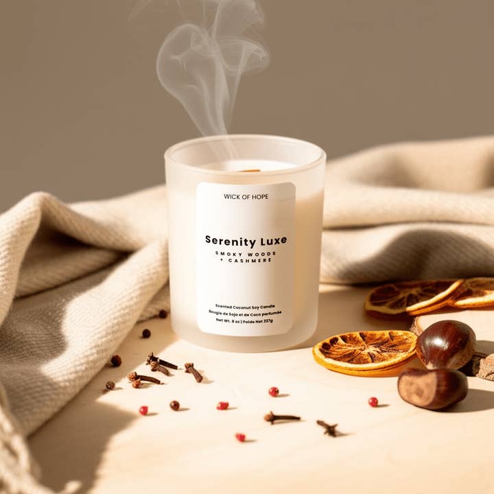 Wick of Hope - Wholesale Jar/Filled Candle - Serenity Luxe Candle| Smoky Woods + Cashmere2