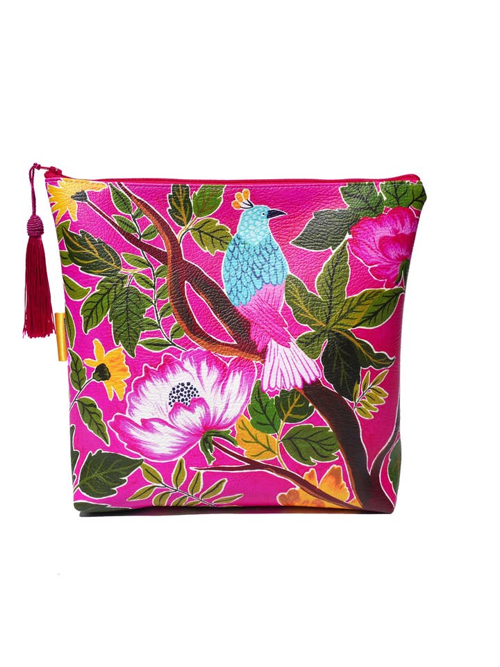 Pink bird vegan leather cosmetic bag for wholesale by Lousurfacepattern