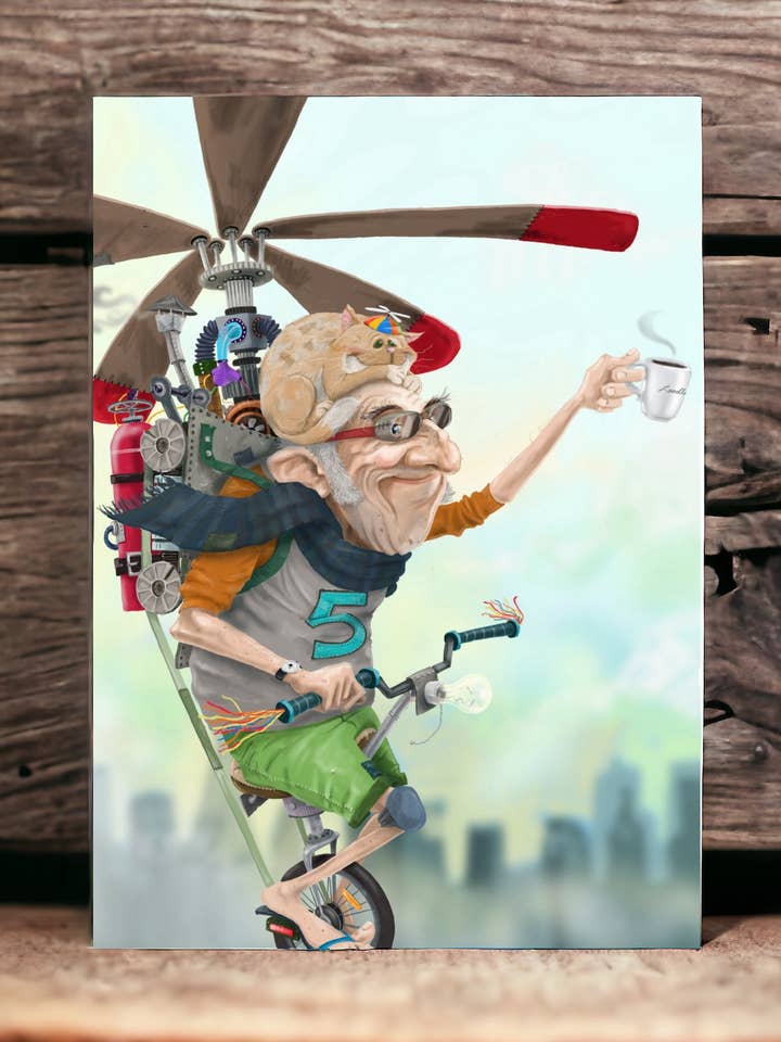 Biglietto di auguri Helicopter Man per la vendita all'ingrosso da parte di Mark Ludy Art Books & Games
