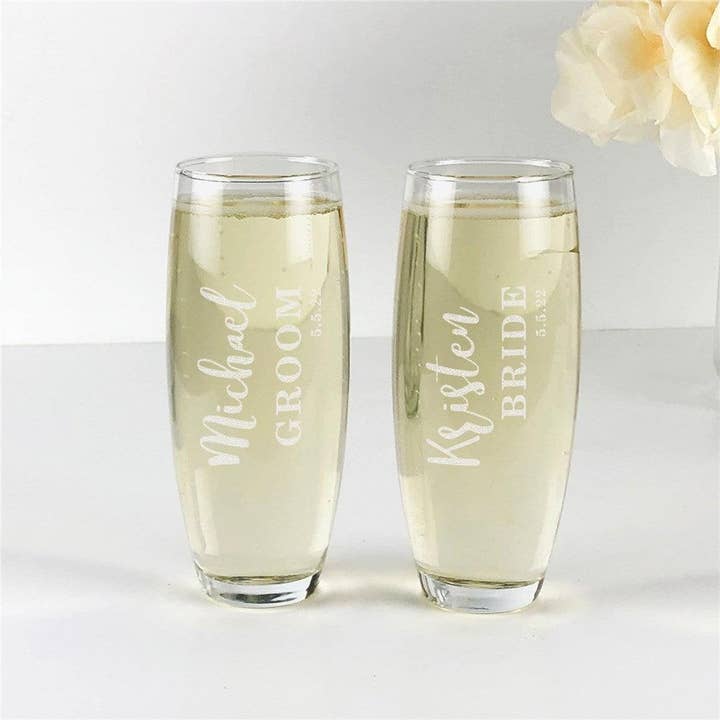 Engraved Bride and Groom Stemless Flute Set for wholesale by Sunny Jar Personalized