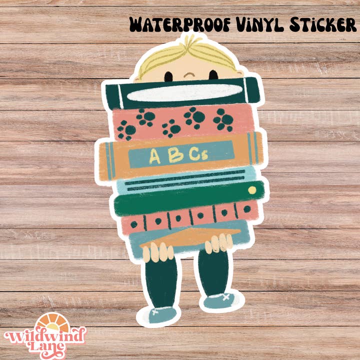 Little Boy Book Stack Vinyl Waterproof Sticker for wholesale by Wildwind Lane