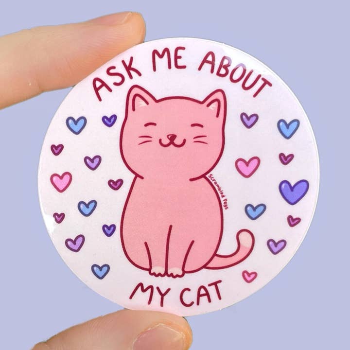 Ask Me About My Cat Waterproof Sticker for wholesale by Scrambled Pegs