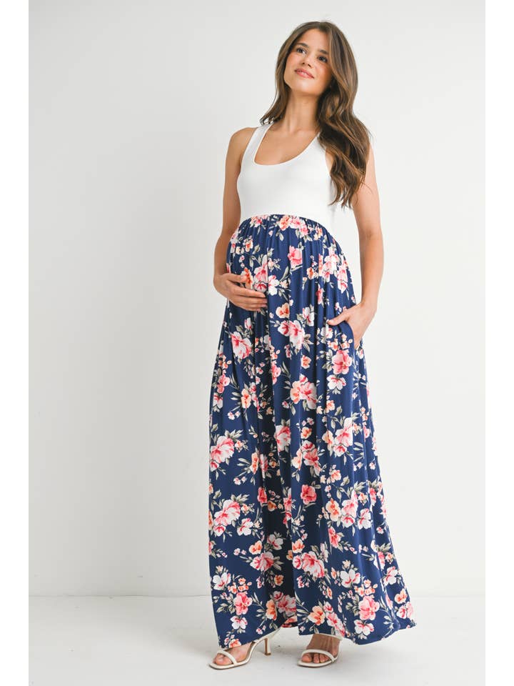 Ivory Navy Floral Maternity Tank Maxi Knit Dress for wholesale on Faire