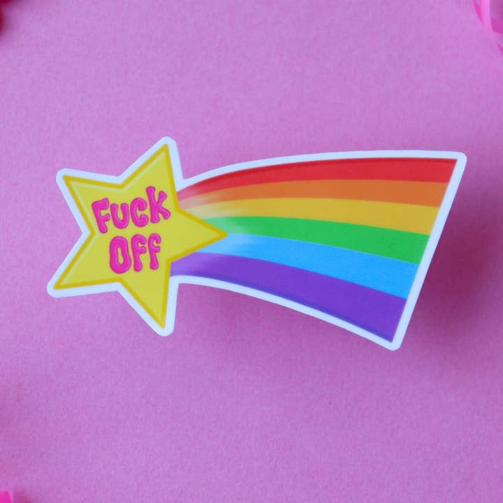 Autocollant en vinyle imperméable « Fuck Off » Shooting Star Rainbow pour la vente par Sticker Hardly Know Her
