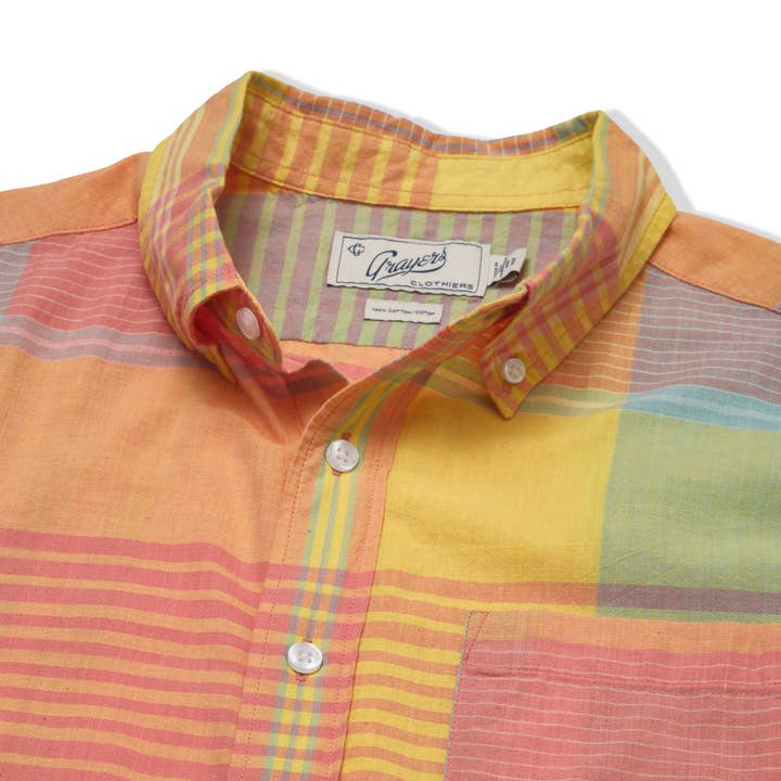 Classic Madras Plaid Shirt - Orange Yellow Plaid for wholesale on Faire