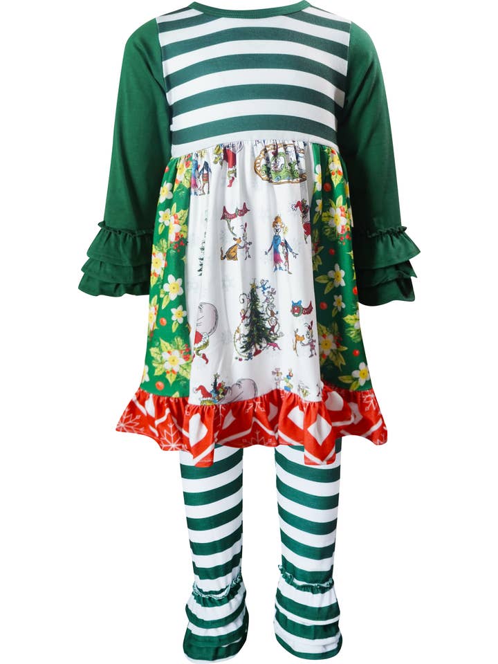 Angeline Kids - Vendita all'ingrosso Completo top e pantaloncini - Bambini - Abito da bambina con volant natalizio Grinch