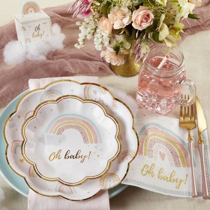 Kate Aspen – Großhandel Einweggeschirrpaket – Boho Rainbow Baby 62-teiliges Partygeschirr-Set (16 Gäste)