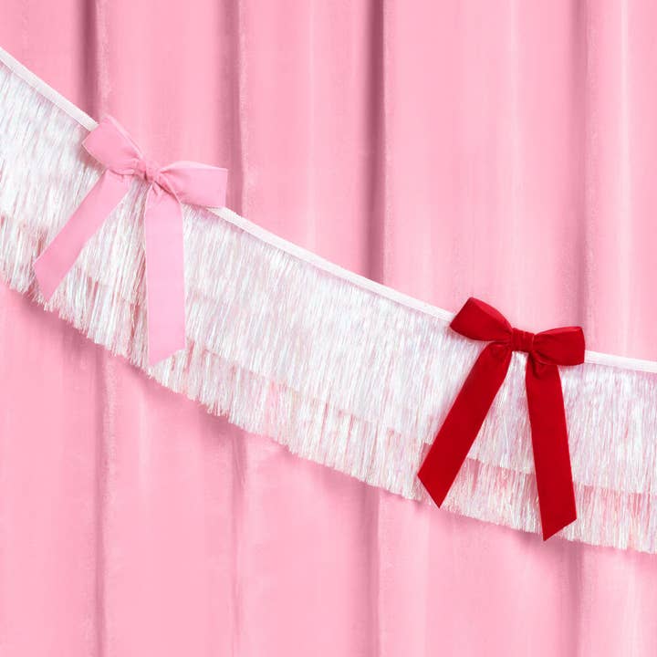 xo, Fetti - Wholesale Banner - Bow Bliss Banner - layered fringe + velvet bows, pink, 6 ft