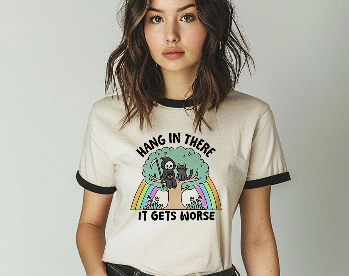 Natural Black Hang In There It Gets Worse - Funny Cat Sassy Graphic Tee for wholesale on Faire