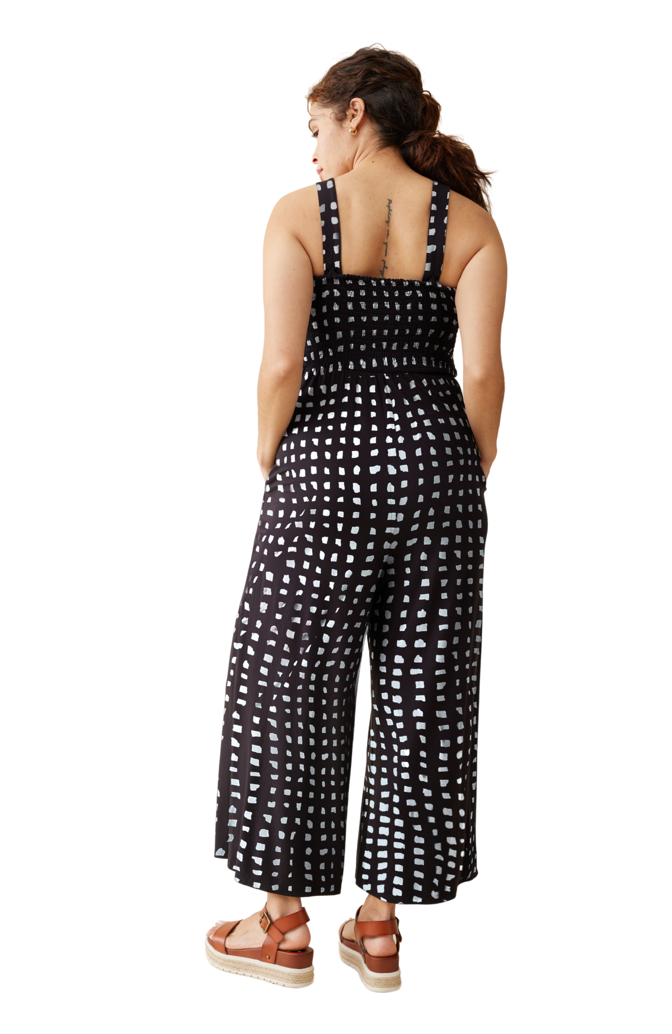 Abstract Check Women's Maternity Smocked Bodice Jumpsuit for wholesale on Faire2