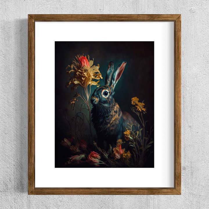 Salty Alyce - Vendita all'ingrosso Stampa artistica - Coniglio vintage Moody in pittura floreale antica AS1362
