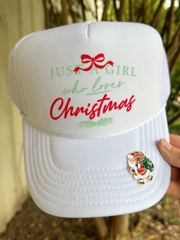 Just A Girl Who Loves Christmas White Trucker for wholesale by Southern Bliss Co.