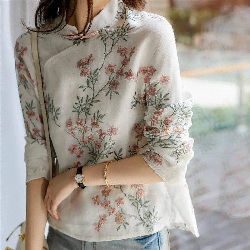 WHITE Embroidered Mandarin Collar Blouse for wholesale on Faire1