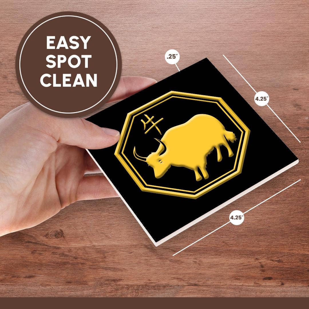 3dRose - Wholesale Coasters - 3dRose, Chinese zodiac symbols. Yellow on black image. The year of the ox, Coaster6