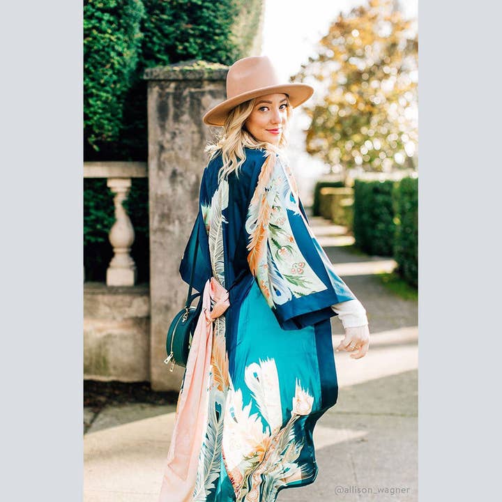 Peacock Feather Short Kimono Robe for wholesale by KIM+ONO