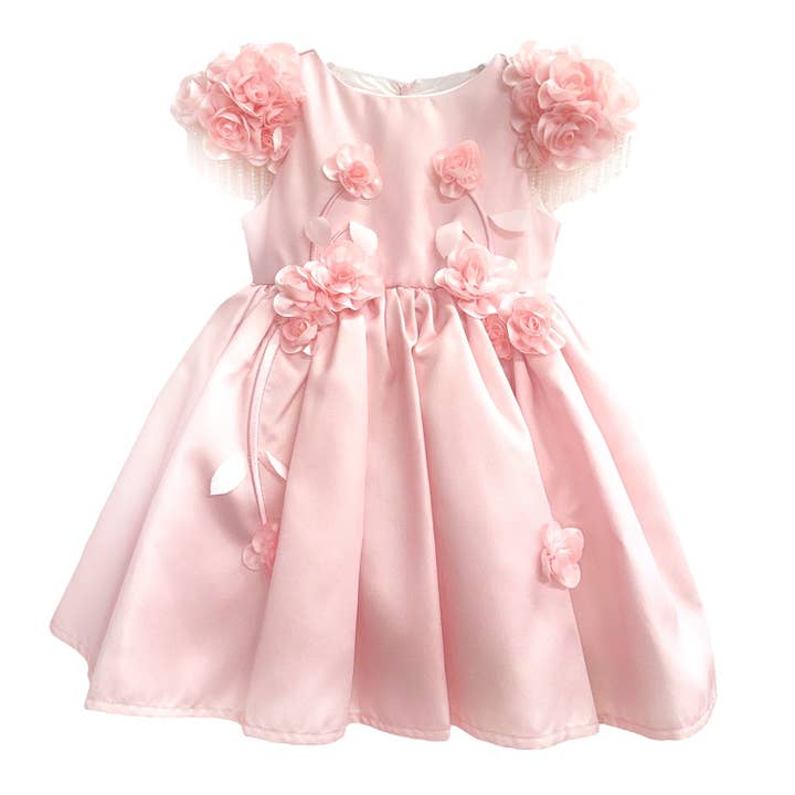 Azalea Pink Dress With Shoulder Flowers for wholesale by Petite Maison Kids