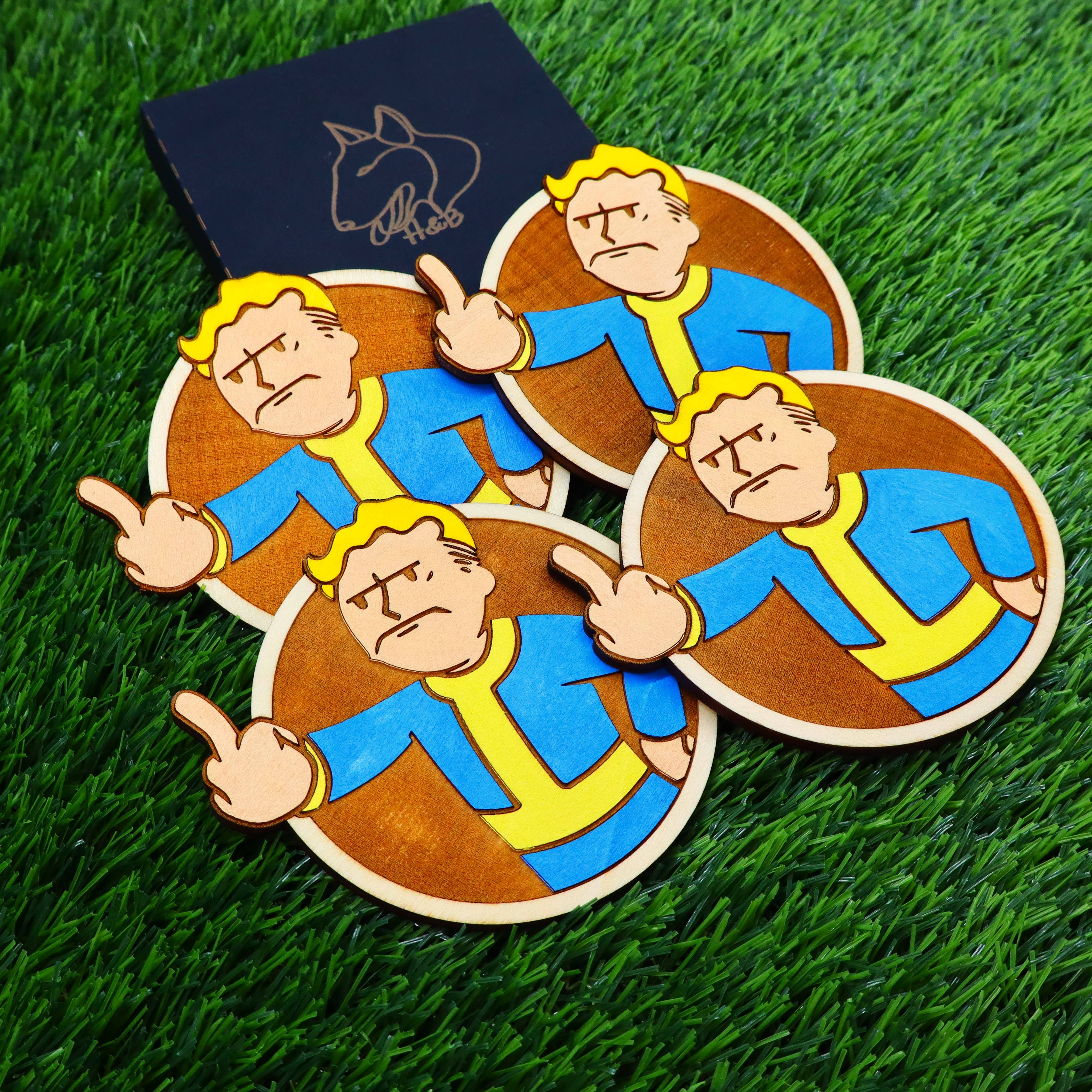 Herbs&Belles – Base de copos por atacado – Porta-copos de Madeira Fallout, Vault Boy Louco, Presente Geek Decoração de Casa14