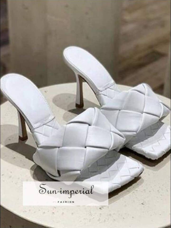 Hvid Mode Firkantet Tå tynde Høje hæle Kvinders Tøfler for engroshandel hos Sun Imperial