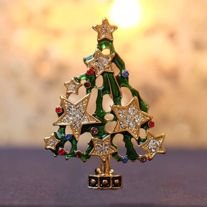 Christmas Tree Festive Brooch with Stars for wholesale by Alexander Thurlow & Co Ltd