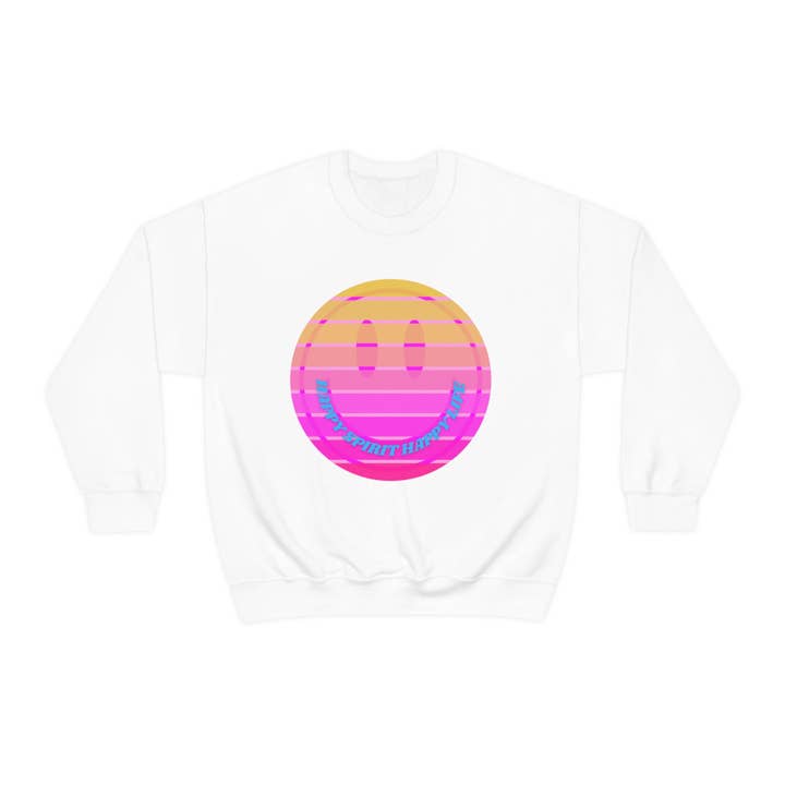 Happy Spirit Happy Life Sweatshirt, VSCO Girl Crewneck, Oversized Retro Font Graphic Tumblr, Front Print Smile Face Trendy Cover Up for wholesale by Happy Life Stuff