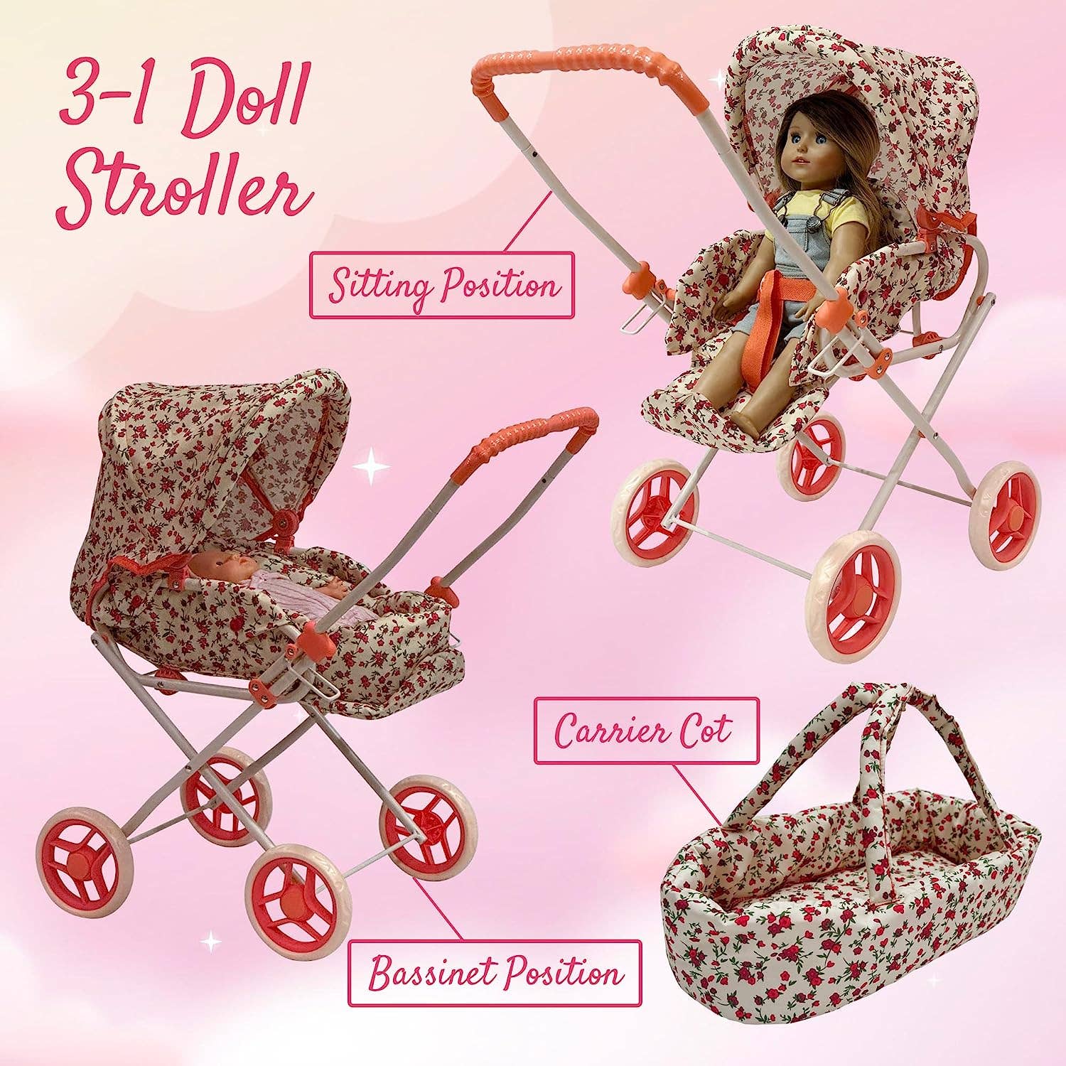 The New York Doll Collection - Wholesale Doll Stroller - Kids - Heart Printed Doll Bassinet Stroller with Travel Carry Bag8