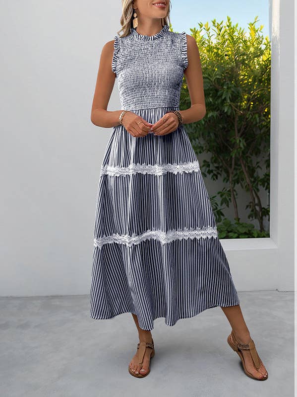 Striped Lace Trim Sleeveless Midi Dress for Summer for wholesale by Lovesoft
