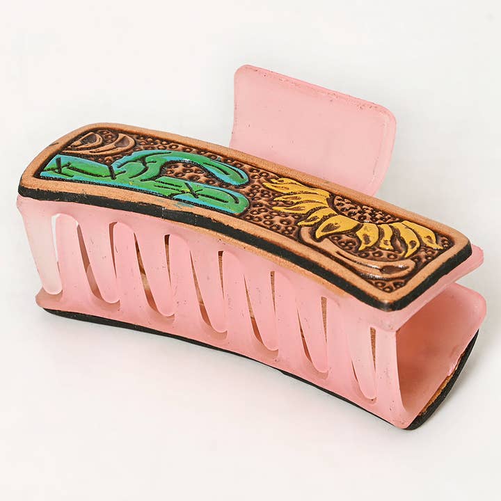LS Western - Wholesale Hair clip – Women’s - ADHC118 Sunflower & Cactus Tooled Leather Hair Band Pink Clip Clutcher - Western Pink Clip | American Darling2