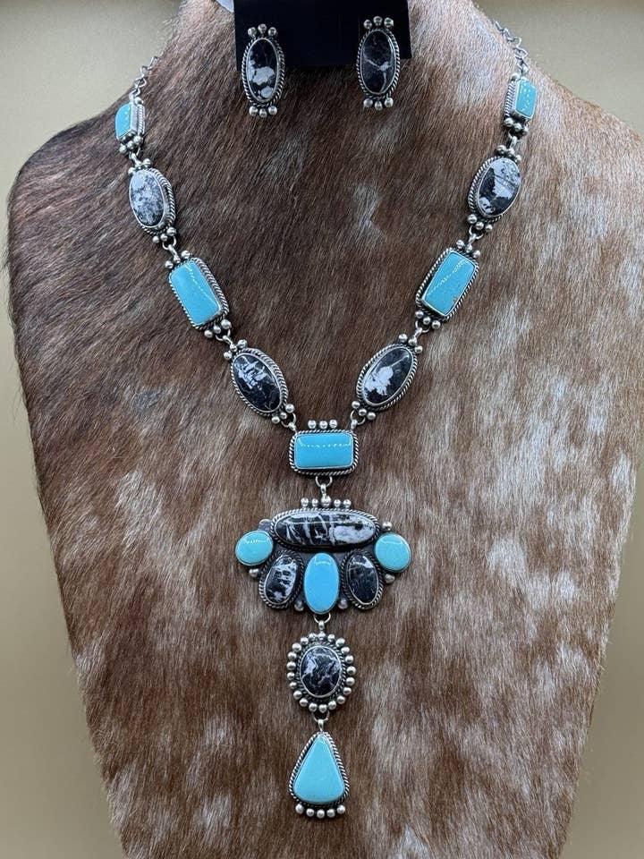 Navajo Handmade Sterling Silver Turquoise &White Buffalo Cluster Lariat Necklace for wholesale by Native City Jewelry