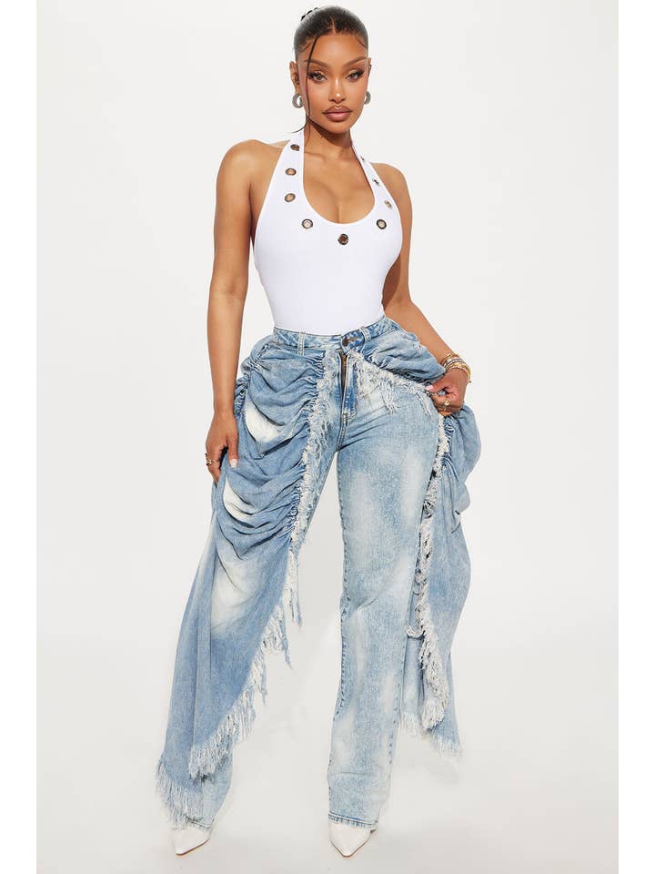 Light Denim DISTRESSED SKIRT OVERLAY STRAIGHT JEANS for wholesale on Faire2