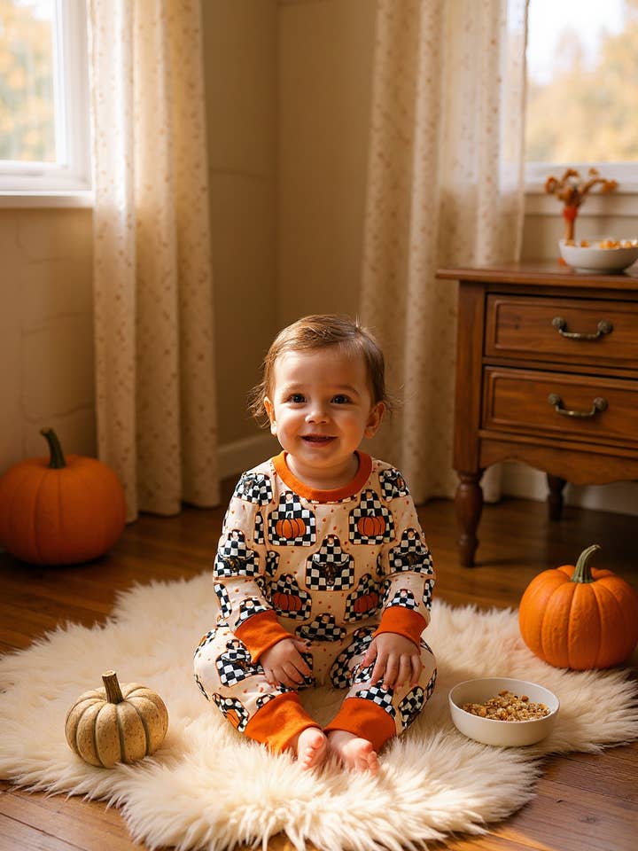Checker highland cow and pumpkin printed 2 piece set. BLP062403-SOL for wholesale by Kids Charm Online