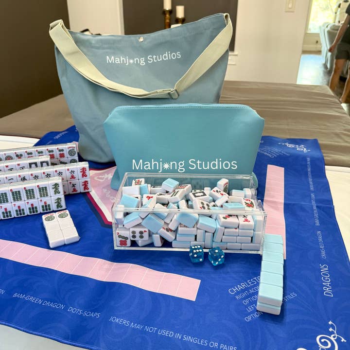 All In One - Mahjong Bundle - American Mahjong Set 166 Tiles - Blue & Tan Bag Blue Mat for wholesale by Mahjong Studios