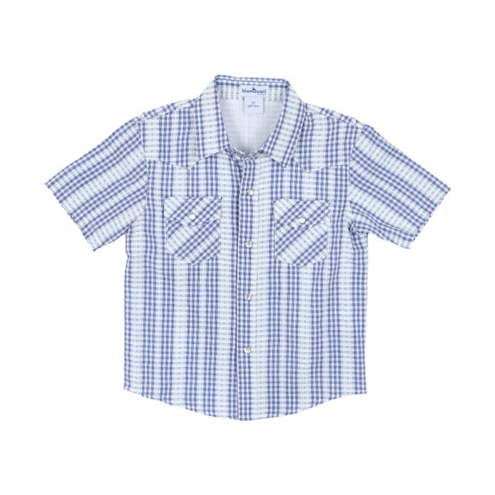 Navy Plaid Pearl Snap Short Sleeve Shirt for wholesale by BlueQuail Clothing Co.