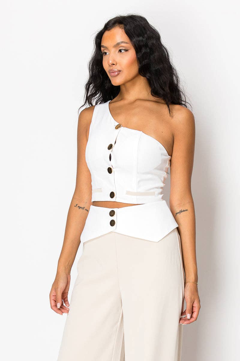 Beige Contrast Wide Pant Set With One Shoulder Top for wholesale on Faire7