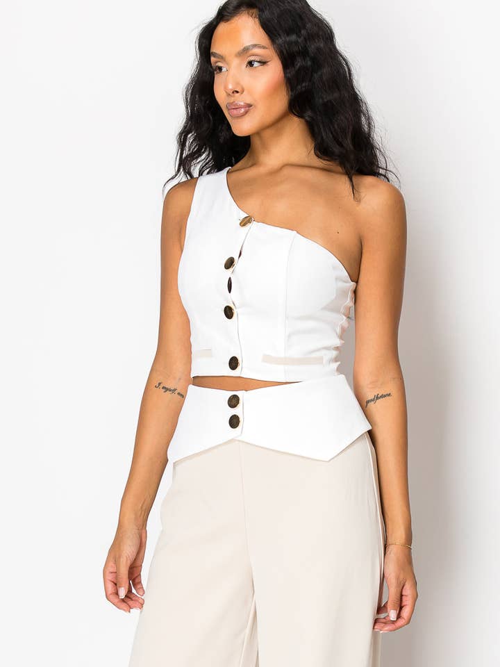 Beige Contrast Wide Pant Set With One Shoulder Top for wholesale on Faire7