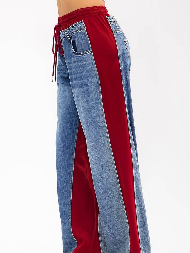 PANTALONES LAVADOS DE PIERNA ANCHA CON CONTRASTE Y CINTURA ELÁSTICA DE DENIM para venta al por mayor de ROUSSEAU