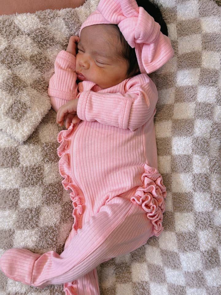 SIIX Collection - Wholesale Jumpsuit - Baby - Pink / Organic Ribbed Frill Zip Footie (Baby - Kids)
