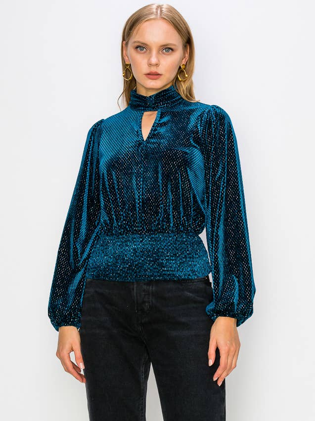 Metallic dubbade sammet peplum blus för wholesale av GPD label