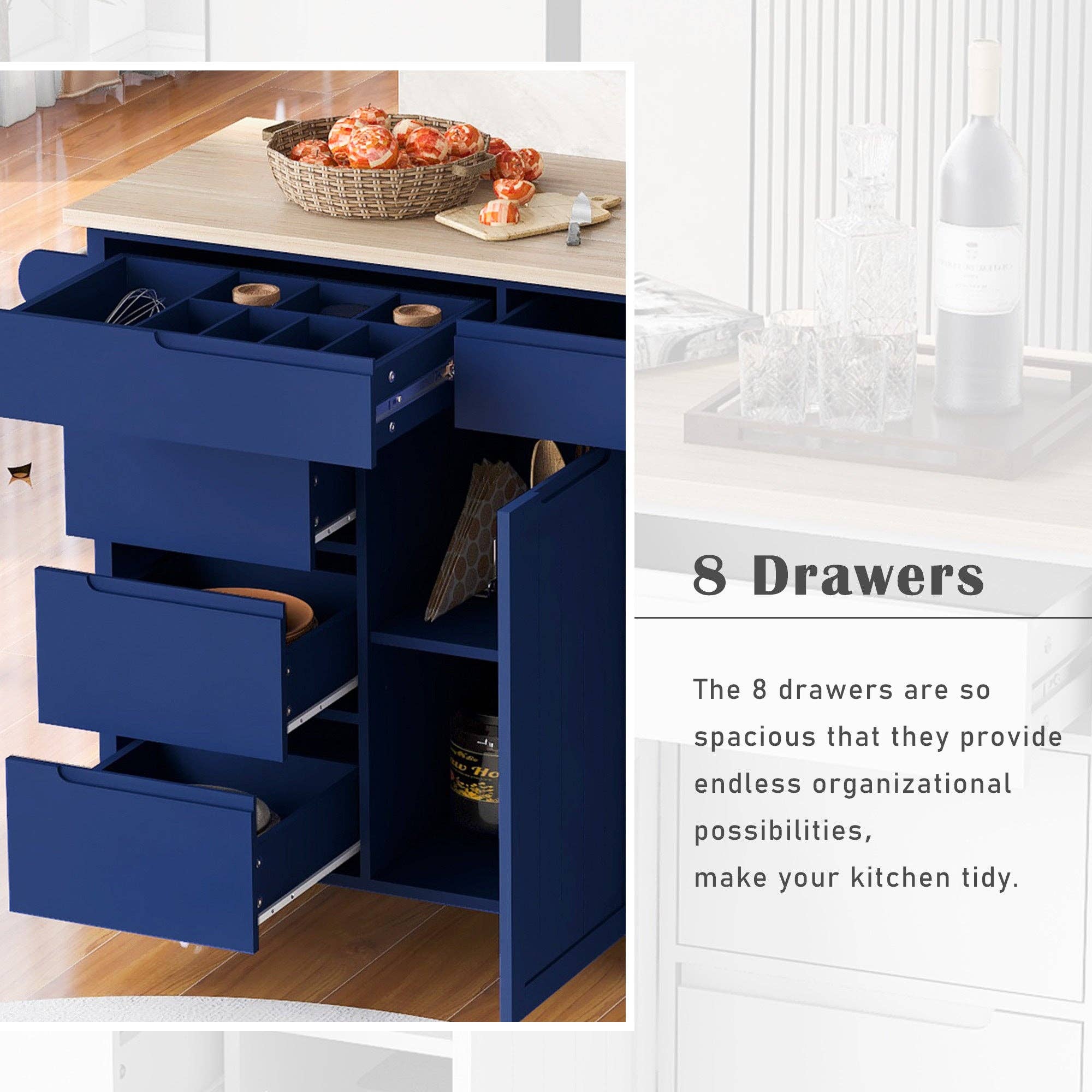 39F Inc. - Wholesale Kitchen Storage/Organizer - 53" Dark Blue Kitchen Island Cart with 8 Drawers & Wood 4