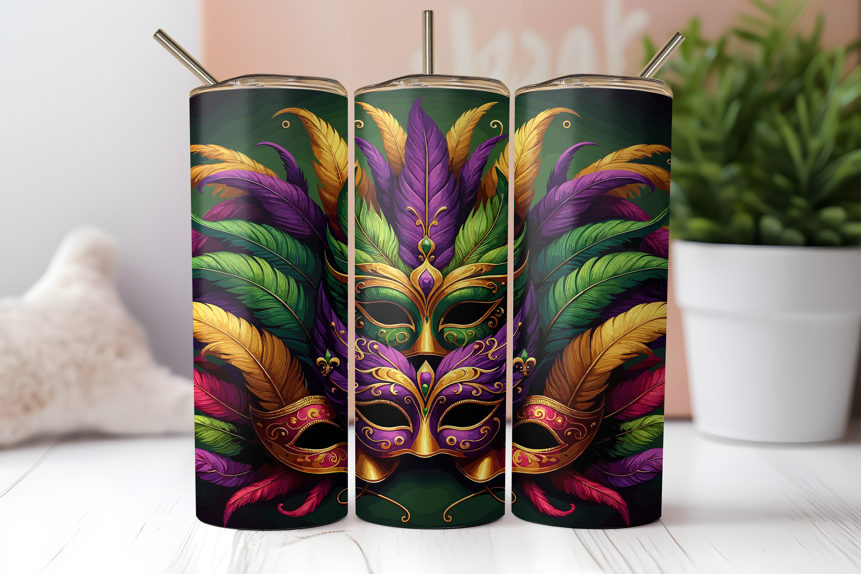 Dogwood Graphics & Design - Wholesale Insulated Mug/Tumbler - Mardi Gras Masks & Feathers 20oz Skinny Tumbler0