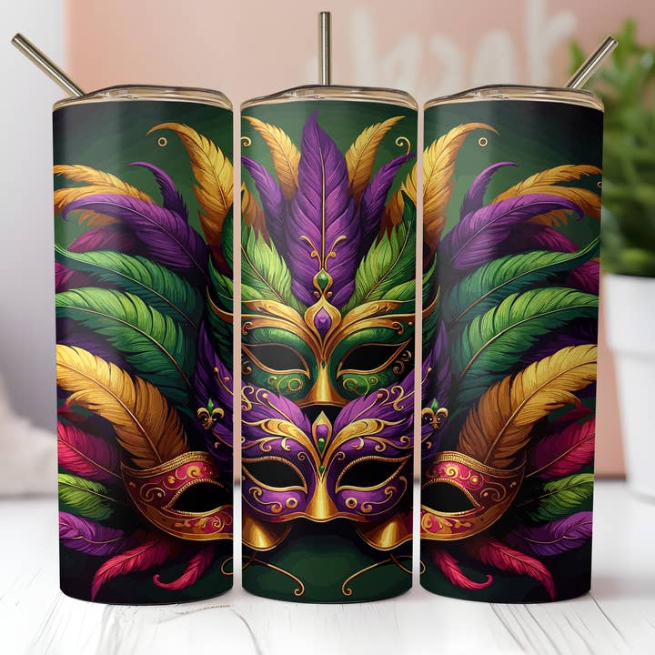 Dogwood Graphics & Design - Wholesale Insulated Mug/Tumbler - Mardi Gras Masks & Feathers 20oz Skinny Tumbler