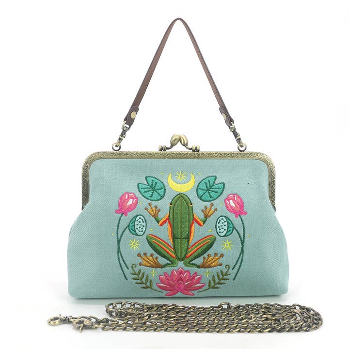 Frog in the Lily Pond Kiss Lock Bag in Linen Cotton Blend Ma and other Purchase Wholesale frog sac. Free Returns & Net 60 Terms on Faire trending on Faire.