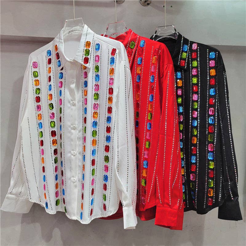 Sanyao Fashion - Wholesale Overhemd met knopen - Dames - M244 Glam Gestreepte Rhinestone Blouse met Handgemaakte Glans3