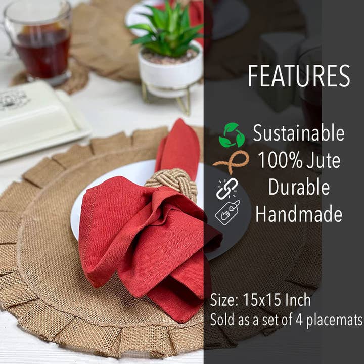 NATURAL JUTE Set of 4 Burlap Round Placemats, 15 Inch for wholesale on Faire
