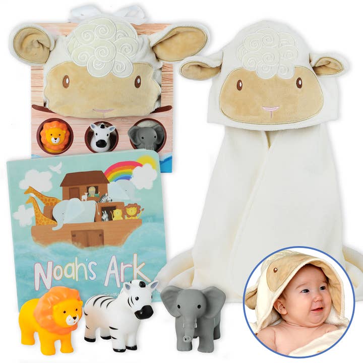 Bearington Collection – Engroshandel Plyslegetøj - Børn og baby – Noahs Ark Baby Gavesæt m/bog, håndklæde og sprøjt legetøj