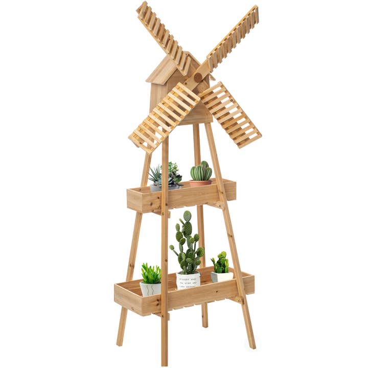 Rustic Wooden Cart with Windmill Accent, Displaying Plants for wholesale by Quickway Imports